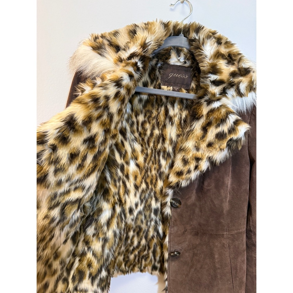 Guess Suede Leather Jacket Y2K Women Medium Brown Leopard Faux Fur Vintage Style - Picture 7 of 7